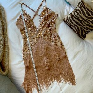 Fashion Nova rose gold flapper shorts romper with adjustable spaghetti straps.